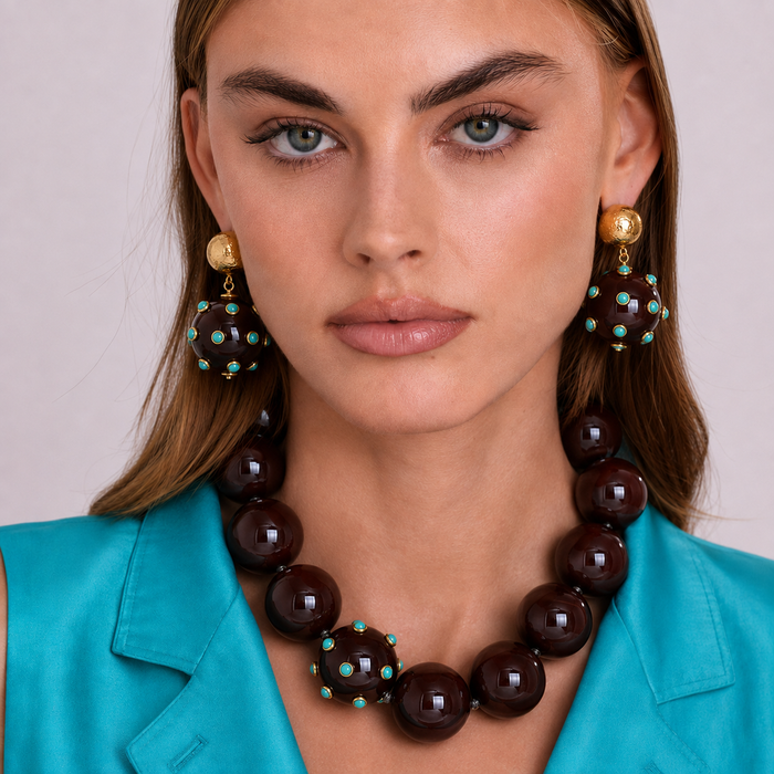 Sienna Chocolate Brown And Turquoise Studded Ball Drop Earrings