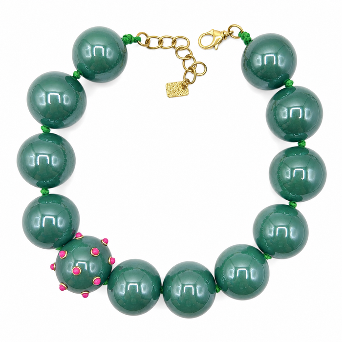 Sienna Forest Green Necklace With Fuchsia Studded Ball