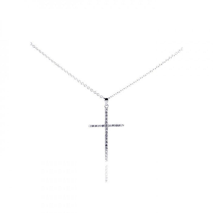 Silver 925 Rhodium Plated Clear Diamond This Cross Pendant Necklace - STP01028 | Silver Palace Inc.