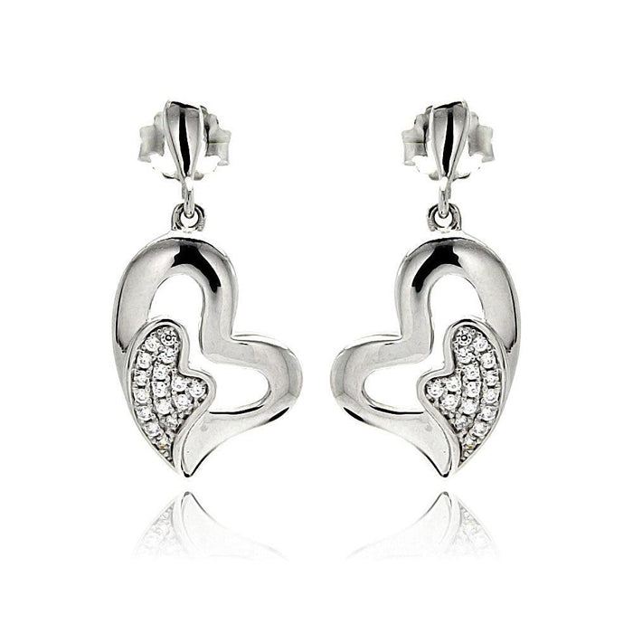 Silver 925 Rhodium Plated Micro Pave Clear Heart Inlay CZ Dangling Earrings - ACE00077 | Silver Palace Inc.