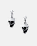 Skull Earrings: Silver dangle earrings with detailed skull charms and black accents, made from hypoallergenic stainless steel—ideal for adding a bold edge to your rock fashion look. Shown on a plain white background.