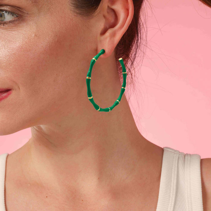 Sloan Green  Enamel And Gold Bamboo Hoop Earrings