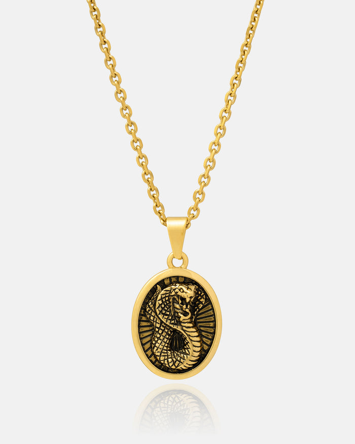 The Snake Charmer Pendant (Gold) features an oval 18k gold pendant with a black and gold engraved cobra on a sleek gold chain, shown against a white background—a modern snake talisman and striking necklace.