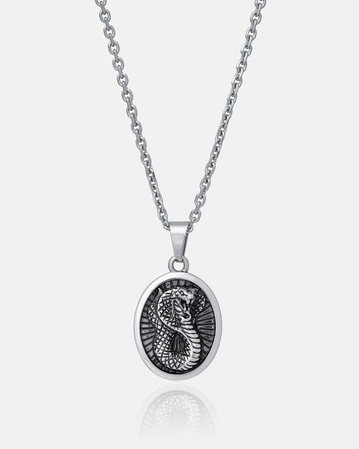 The Snake Charmer Pendant is a silver chain cobra necklace with a round stainless steel pendant, embossed with a seahorse and textured background, shown on a plain white surface.