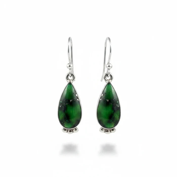 Wildflower Artisans teardrop earrings featuring deep green Sonoran Mountain turquoise with pyrite in sterling silver.