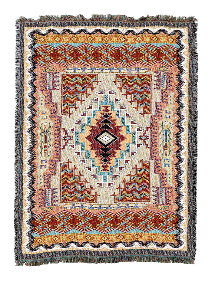 Southwest Butte cotton throw in the Salmon colorway, the same stepped diamond medallion worked in salmon pink and red on cream