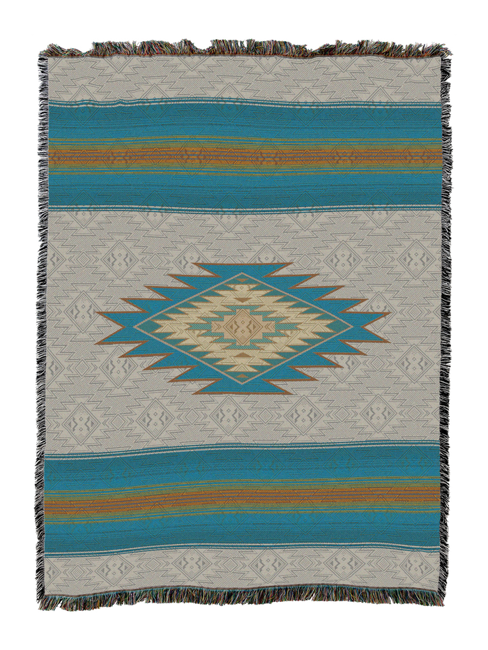 Southwest Diamond cotton throw in the Deep Teal colorway, a single teal stepped diamond centered on a pale grey ground with teal and gold bands top and bottom