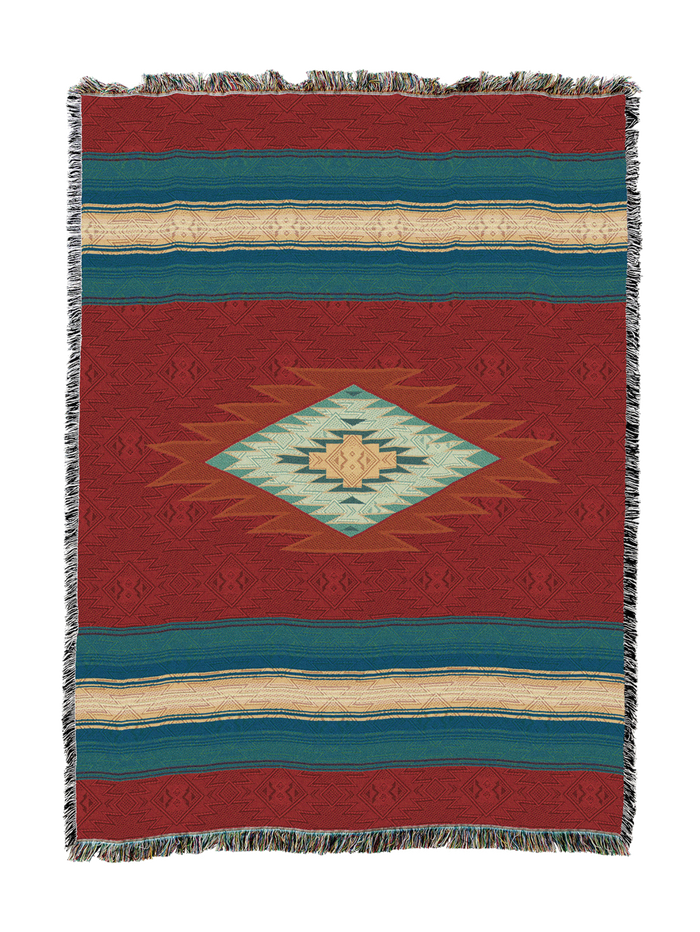 Southwest Diamond cotton throw in the Rust colorway, a cream and teal stepped diamond centered on a deep red ground with cream and teal stripe bands