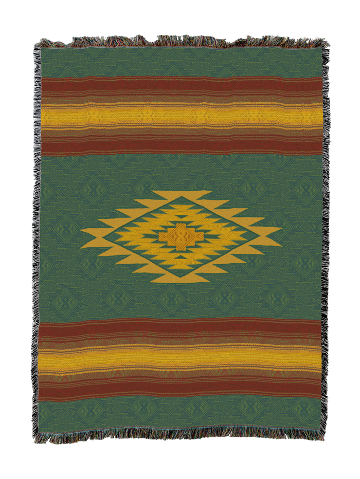 Southwest Diamond cotton throw in the Moss colorway, a gold stepped diamond centered on a green ground with gold and rust bands