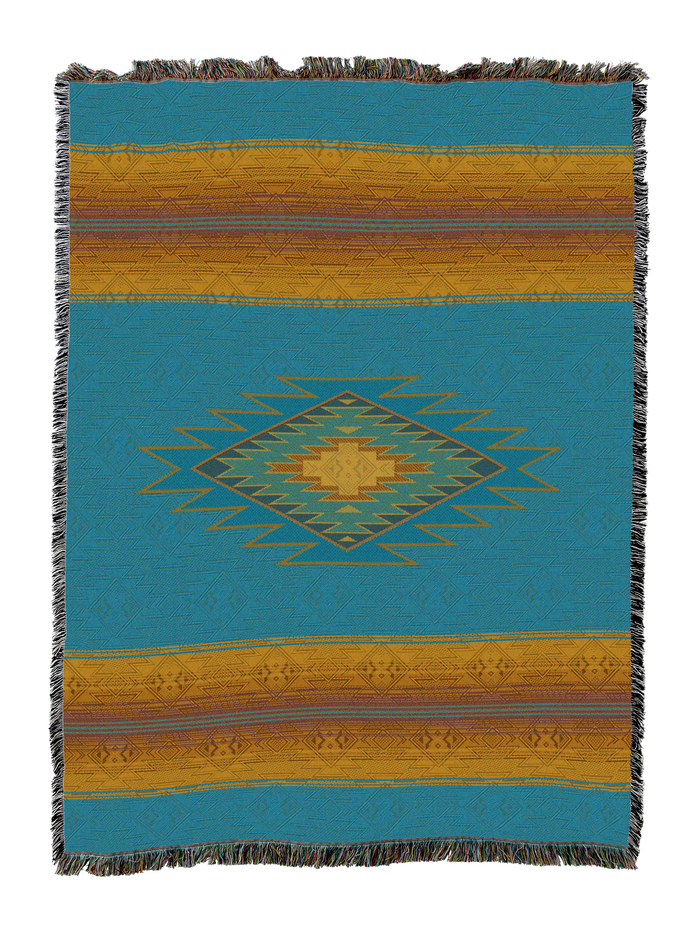 Southwest Diamond cotton throw in the Peacock colorway, a gold stepped diamond centered on a bright teal ground with gold and rust bands