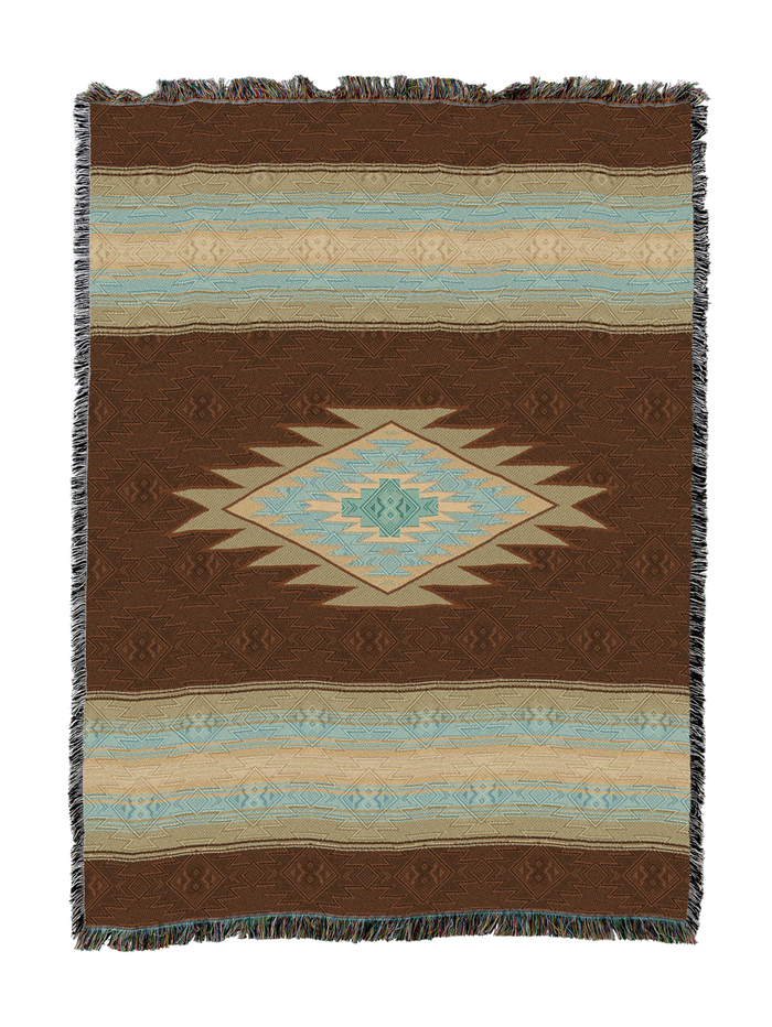 Southwest Diamond cotton throw in the Bark colorway, a pale blue stepped diamond centered on a dark brown ground with pale blue and tan bands