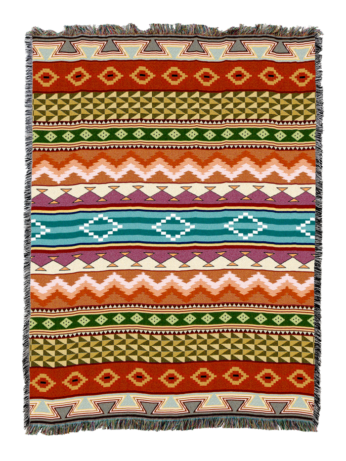 Multicolor southwestern serape stripe cotton throw with horizontal bands of orange, brick, teal, olive and cream, each band carrying its own small geometric motif