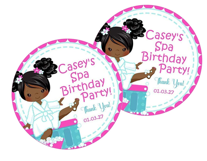 Spa party favor label featuring brown character in robe