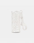 A silver Spiderweb Lighter Sleeve by Statement Collective, shaped like a cylindrical leaf skeleton with intricate vein patterns and an attached clasp for securing keys.