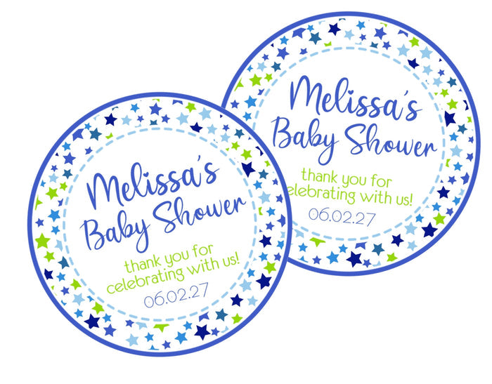Blue and green Starry Sky baby shower stickers.