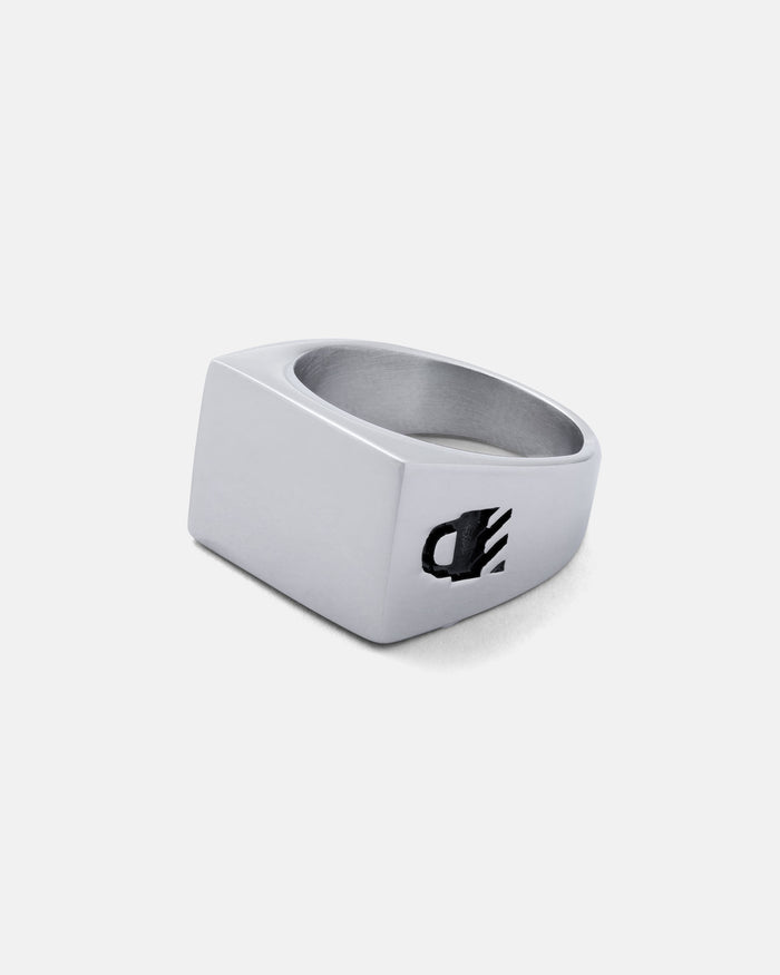 The Statement Signet Ring is a silver stainless steel signet ring with a polished finish and a small black engraved paw print design on one side, shown against a plain light gray background.