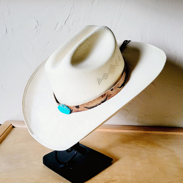Tan steer hat band with turquoise slab, additional view