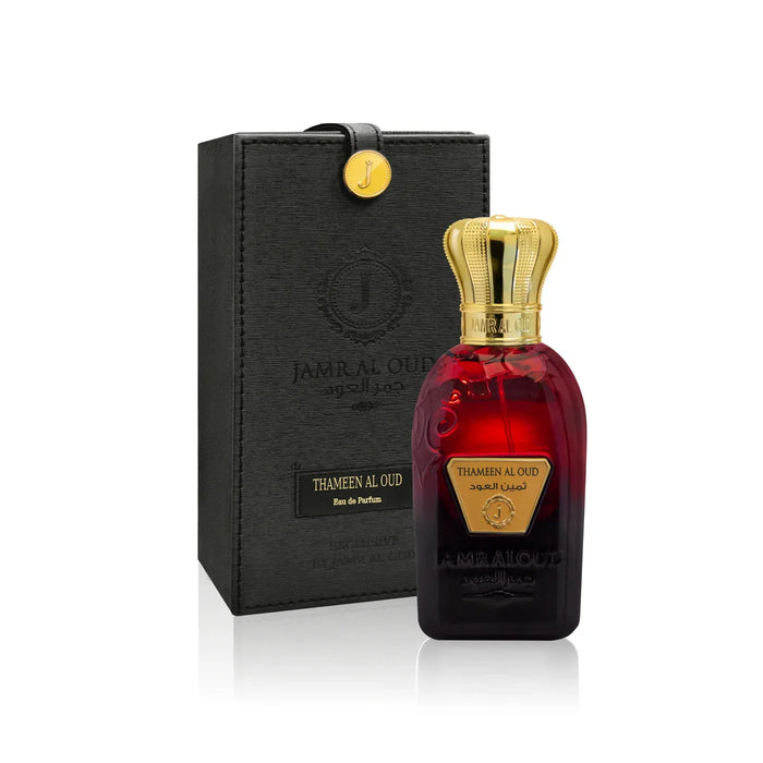 Thameen Al Oud perfume bottle with gold cap and black gift box, JAMR AL OUD Perfumes