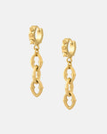 The Cathedral" 9mm Chain Earrings (Gold) feature chunky, spiked link chains with rounded, angular shapes dangling from textured, ridged hoop studs, displayed on a plain white background.