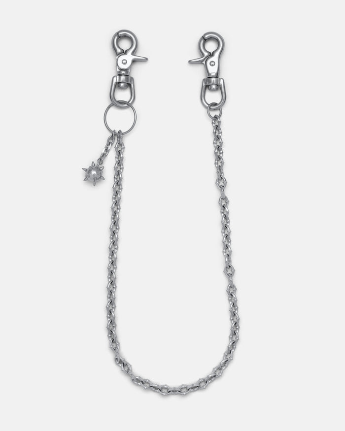 Introducing "The Cathedral" 9mm Spiked Wallet Chain—a premium stainless steel accessory with clasps at both ends and bold, textured silver links that stand out against the plain white background.