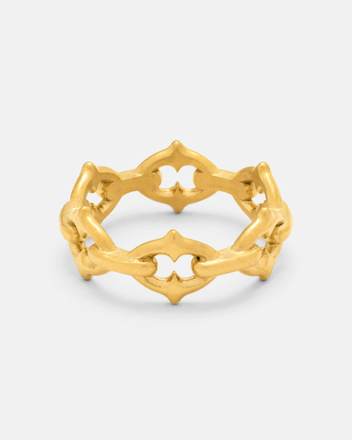 Introducing “The Cathedral” Spiked Ring in Gold by Statement Collective—a striking 18k gold ring with an openwork, geometric pattern of linked pointed arches that evoke a crown-like silhouette. Finished with a matte sheen, the ring is beautifully presented against a light gray background.