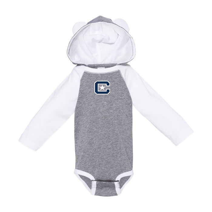The Citadel, C Star, Infant Fine Jersey Character Hooded Long Sleeve Bodysuit with Ears - Gray/White