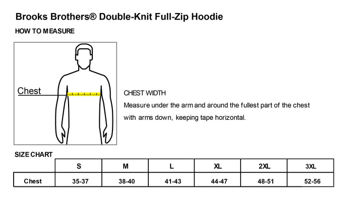 The Citadel, Customizable (Your Year) Embroidered Ring Bezel Design, Brooks Brothers® Double-Knit Full-Zip Hoodie - Size Chart