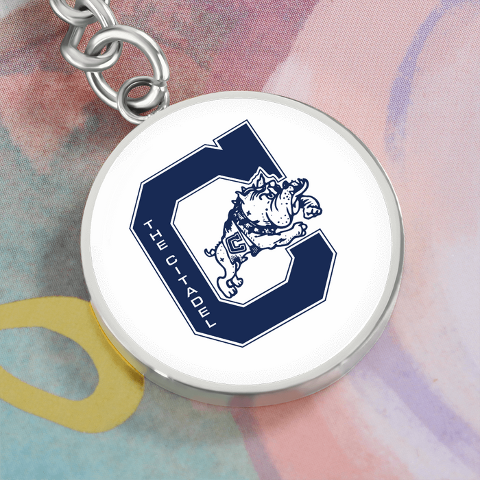 The Citadel, Jumping Bulldog logo, Circle Keychain - Silver