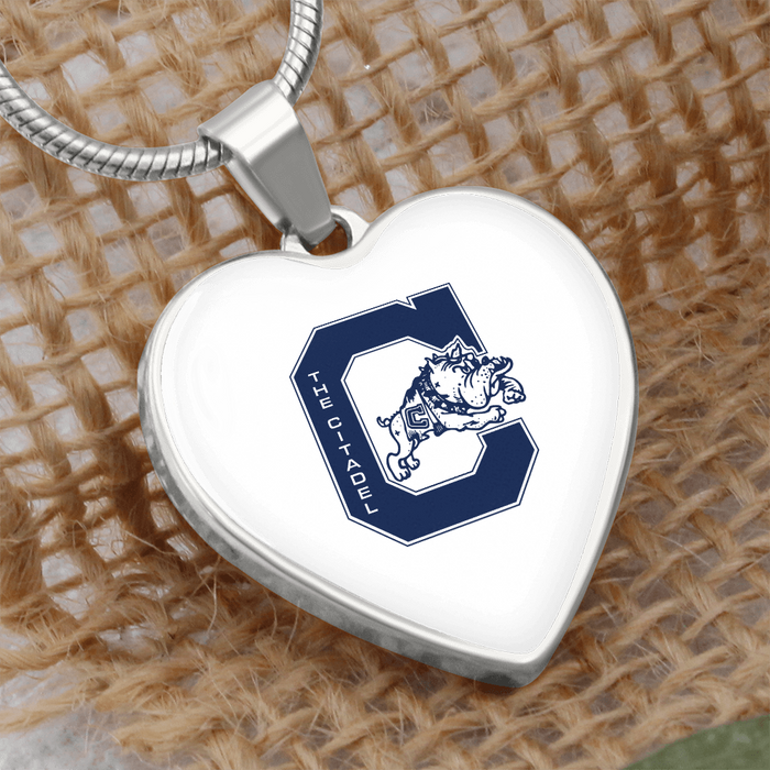 The Citadel, Jumping Bulldog logo, Heart Necklace - Silver