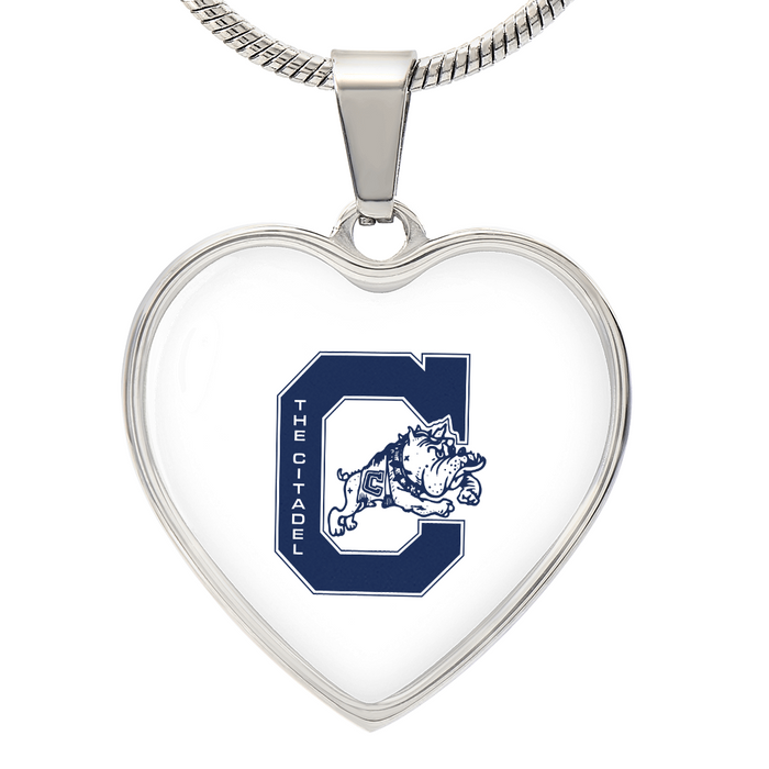 The Citadel, Jumping Bulldog logo, Heart Necklace - Silver