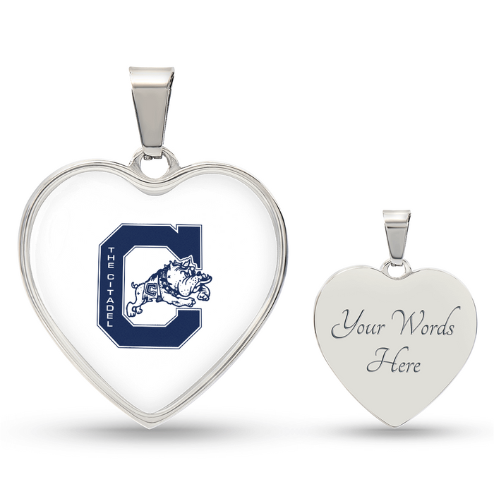 The Citadel, Jumping Bulldog logo, Heart Necklace - Silver
