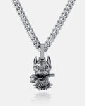 The Guard Dog" Pendant: A silver street necklace with a fierce Doberman head pendant, pointed ears, spiked collar, and metal bar—perfect for bold hip hop jewelry style.