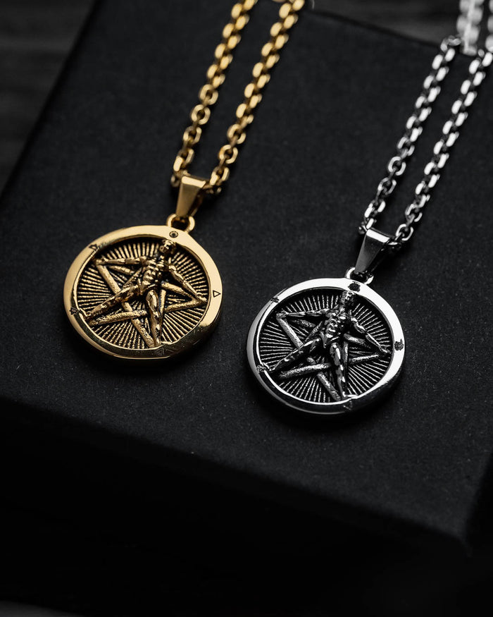 The Star of the Magi" Pendant features a gold or silver pentagram with a Baphomet at the center, crafted from stainless steel and displayed on a black surface.