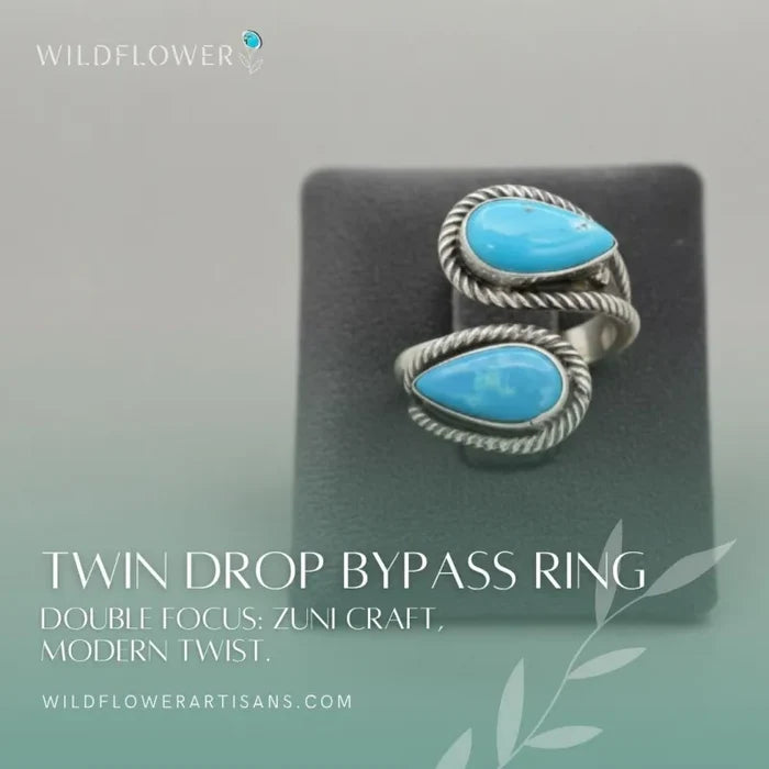 Twin Drop, Turquoise Bypass Ring, Zuni Sterling, by Kenny Lonjose