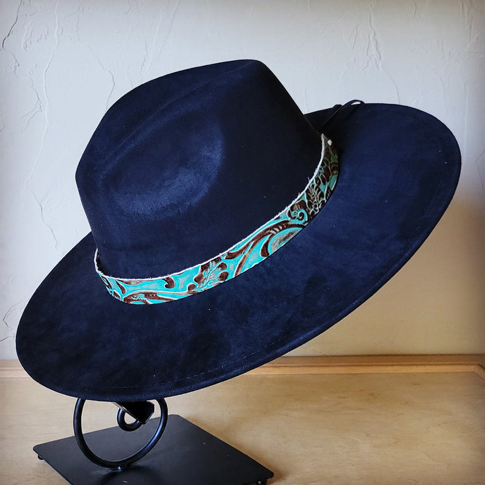 Turquoise cowboy embossed leather hat band, additional view