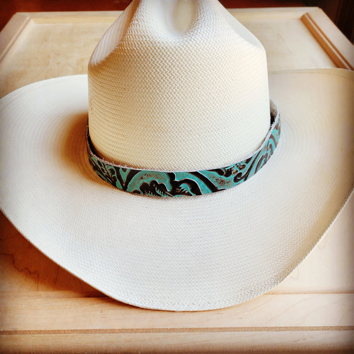Turquoise cowboy embossed leather hat band, additional view
