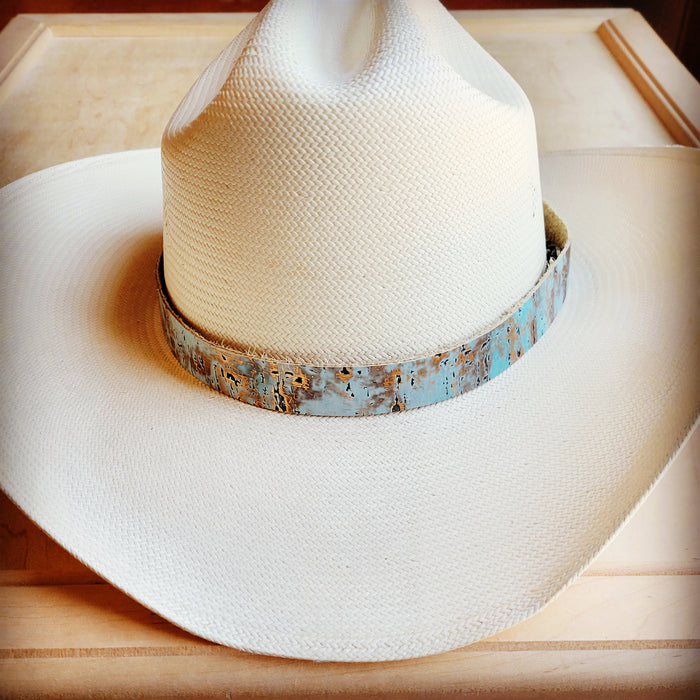 Turquoise metallic embossed leather hat band, additional view