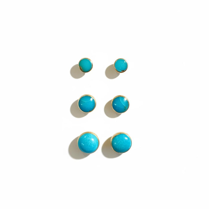 Wildflower Artisans turquoise stud earrings in sterling silver, available in 3mm, 4mm, and 5mm sizes.