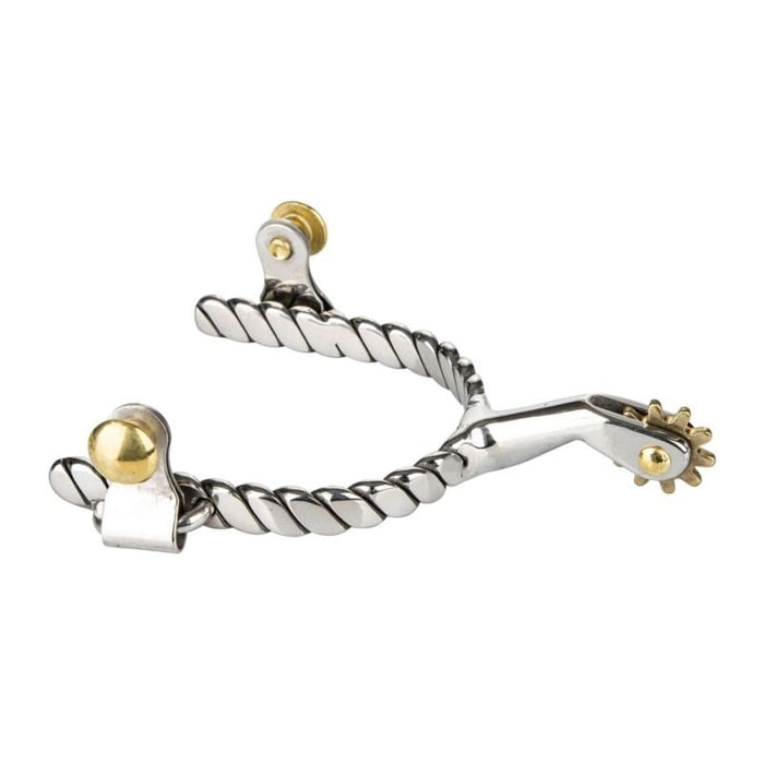 Stainless steel roping spur with a twisted rope band, round brass buttons and a brass ten point rowel