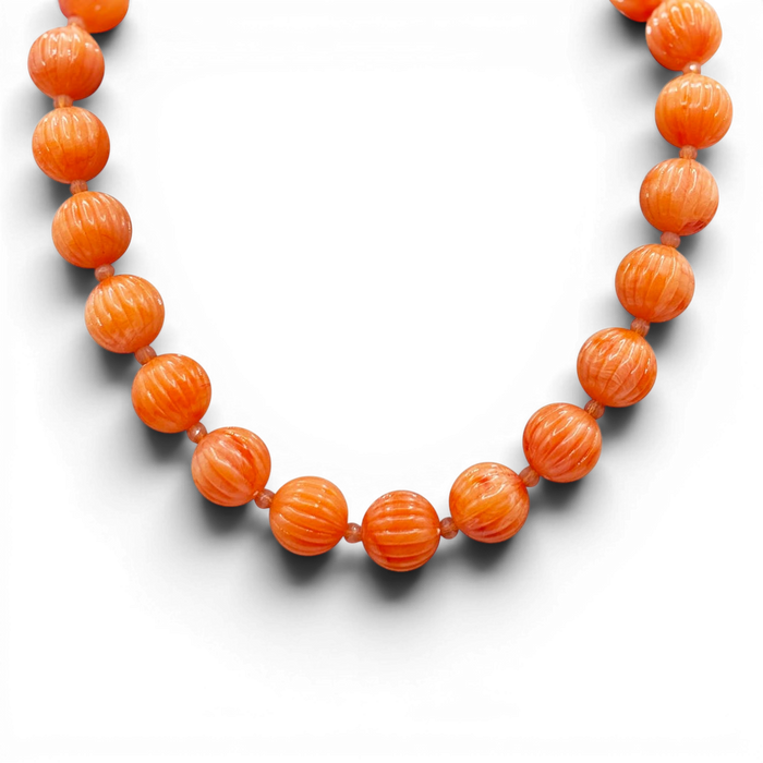 Vicenza Coral Resin Carved Seventeen And One Halfinches Melon Bead Necklace