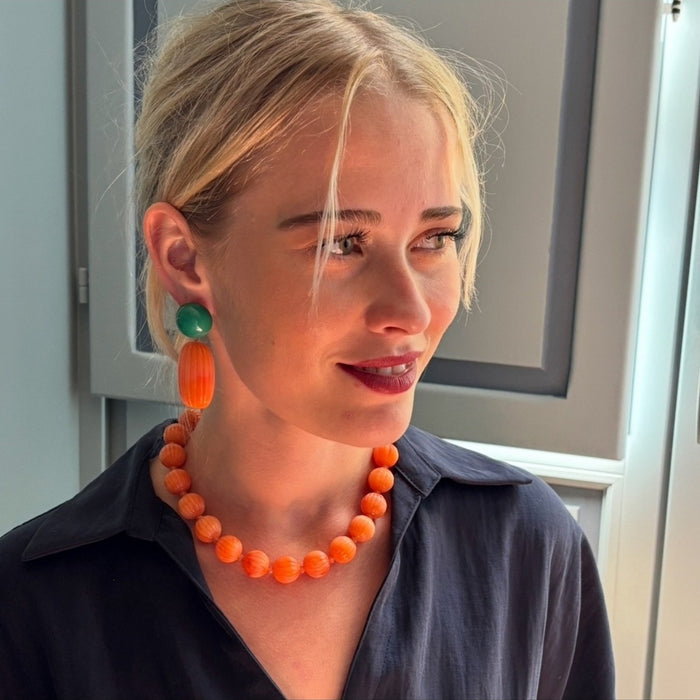 Vicenza Coral Resin Carved Seventeen And One Halfinches Melon Bead Necklace