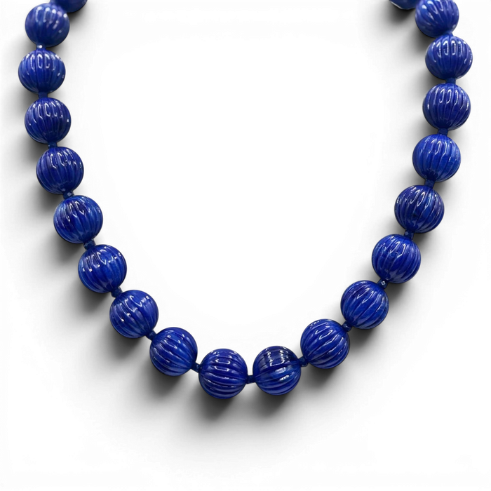 Vicenza Sapphire Resin Carved Seventeen And One Half Inches Melon Bead Necklace