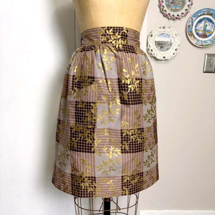 Vintage large handmade half apron - brown plaid gold leaves - retro hostess apron with pocket - NextStage Vintage