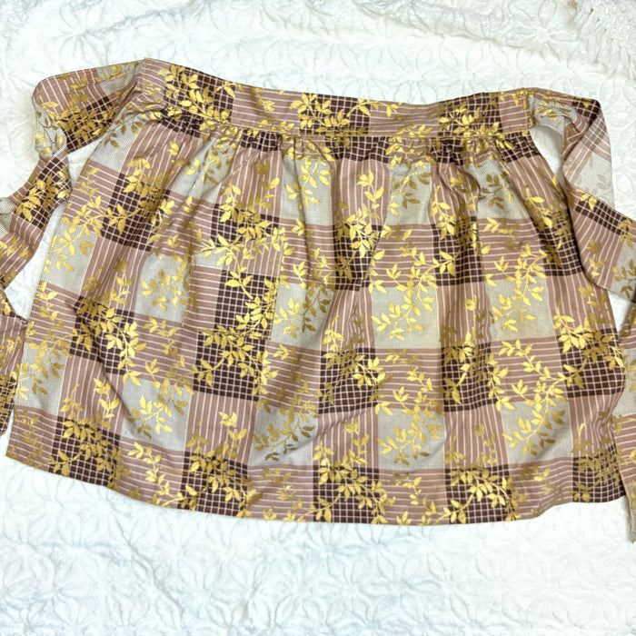 Vintage large handmade half apron - brown plaid gold leaves - retro hostess apron with pocket - NextStage Vintage