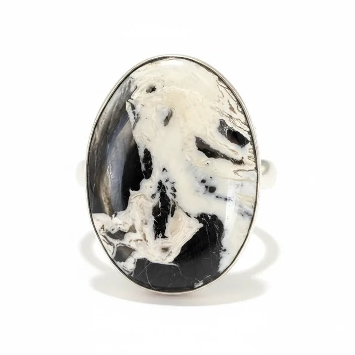 Wildflower Artisans oval White Buffalo stone ring in sterling silver with a high-contrast black and white matrix