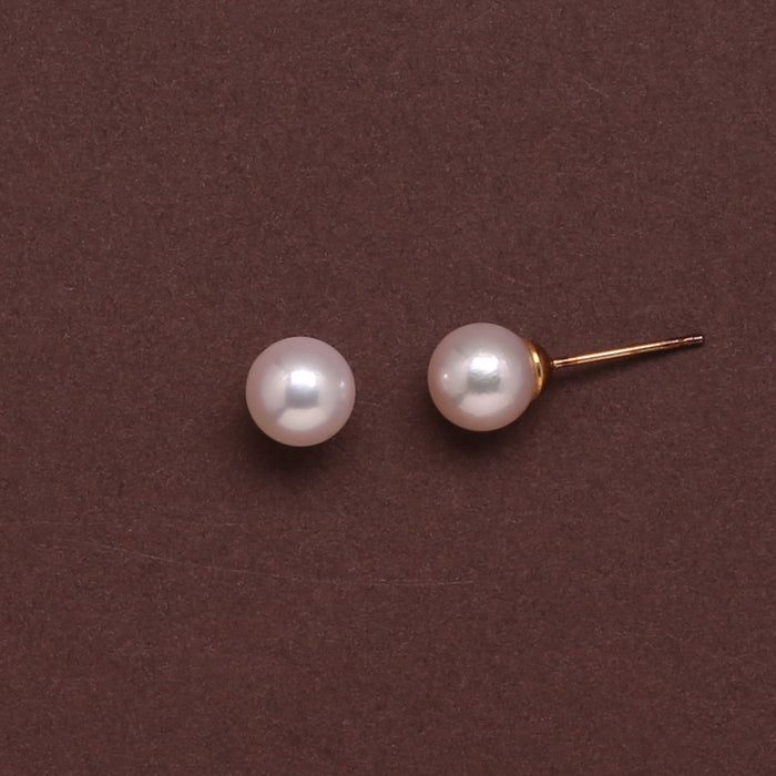 White Japanese Akoya Round Pearl Stud Earrings 7.0-8.0mm