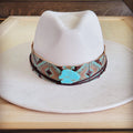 Southwest print tooled leather hat band with a turquoise-look slab, additional view
