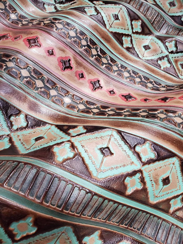 Southwest print tooled leather hat band with a turquoise-look slab, additional view