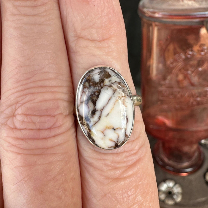 Wild Horse stone ring in sterling silver worn on a finger, size 7