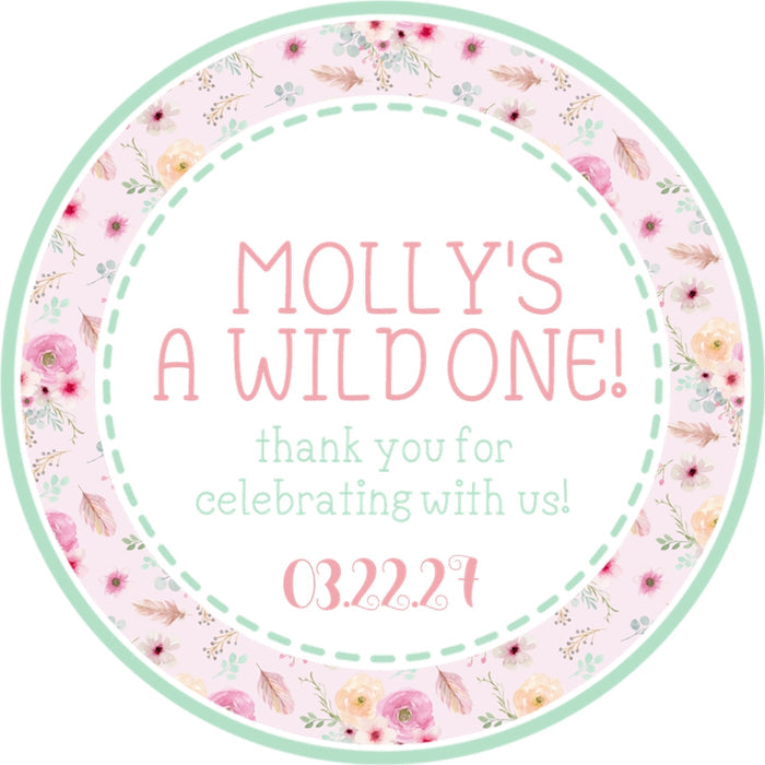 Sage floral wild one sticker with boho flowers and personalized name and date